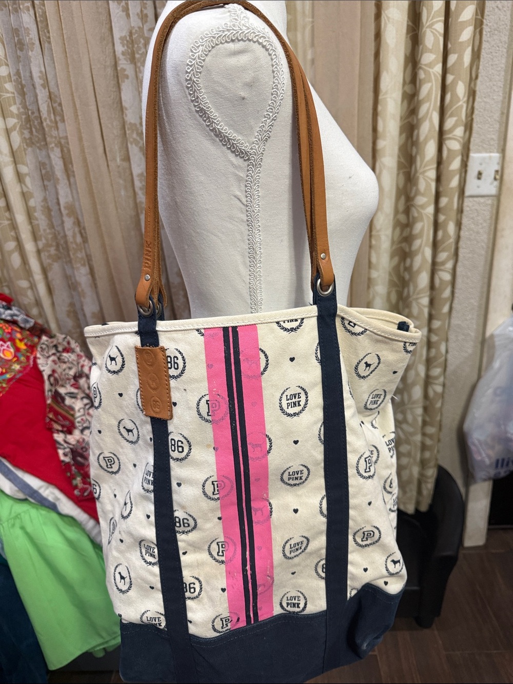 VTG PINK Victoria's Secret Cream Canvas Tote with Pink Stripe and Navy Accents